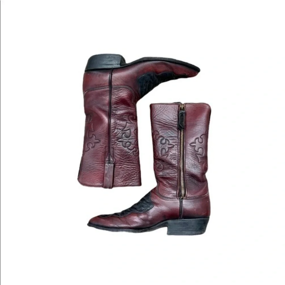 Lucchese 2318 Ostrich Exotic Black Cherry Red Leather Inlay Western Cowboy Boots